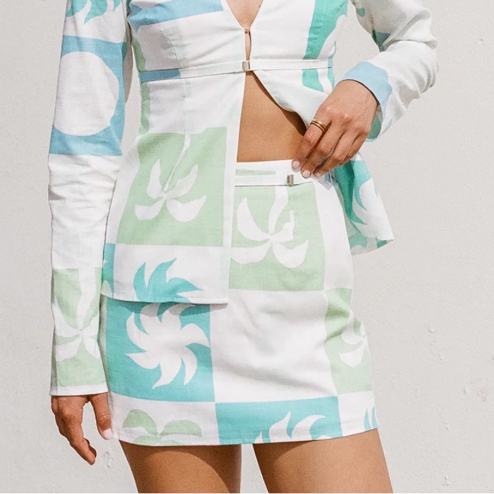 Mini Skirt in White, Mint & Sky Floral Block Print